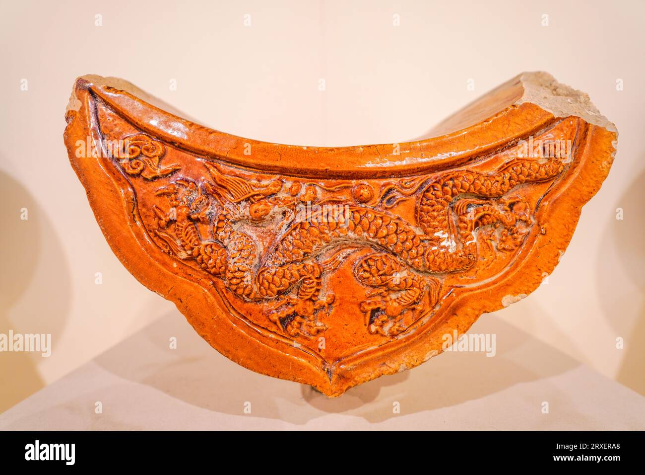 Beijing China, February 16, 2023: Ming Dynasty yellow glazed dragon ...