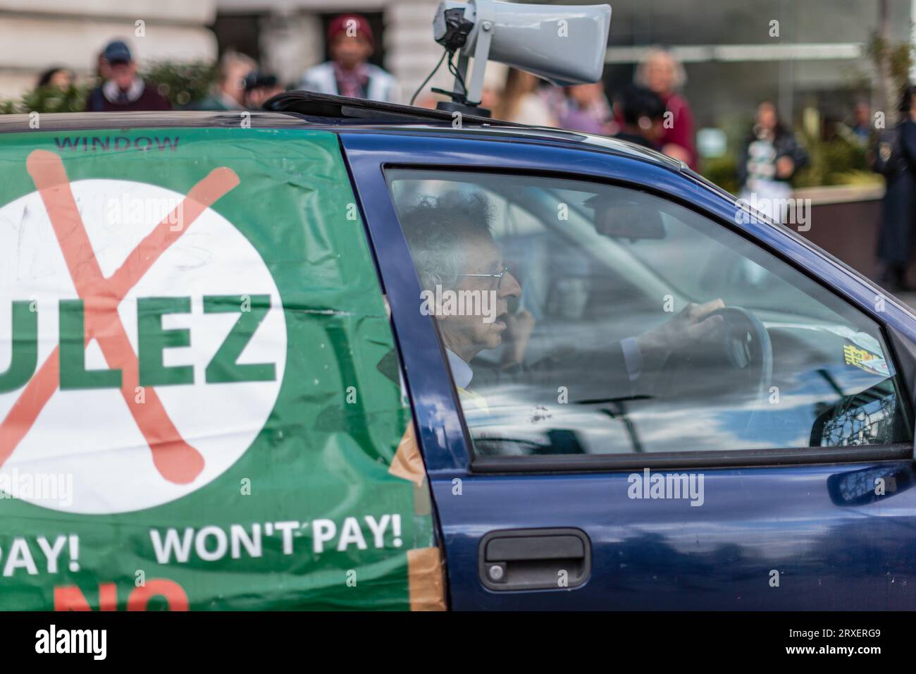 Piers Corbyn drives through London protesting against ULEZ and its expansion. Stock Photo