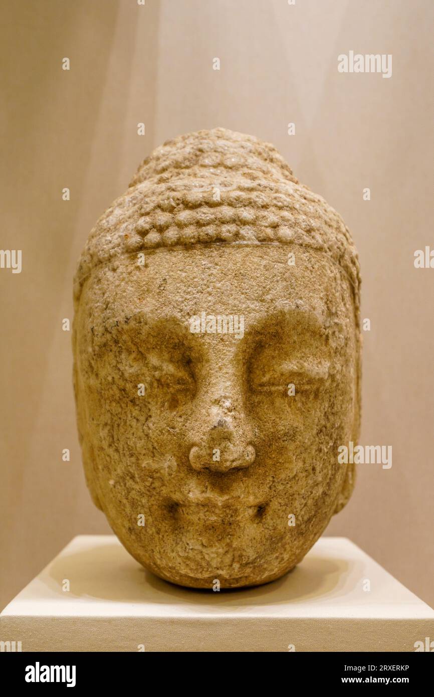 Beijing China, February 16, 2023: Tang Dynasty Stone Carved Buddha Head Statue in the National Museum of China. Stock Photo