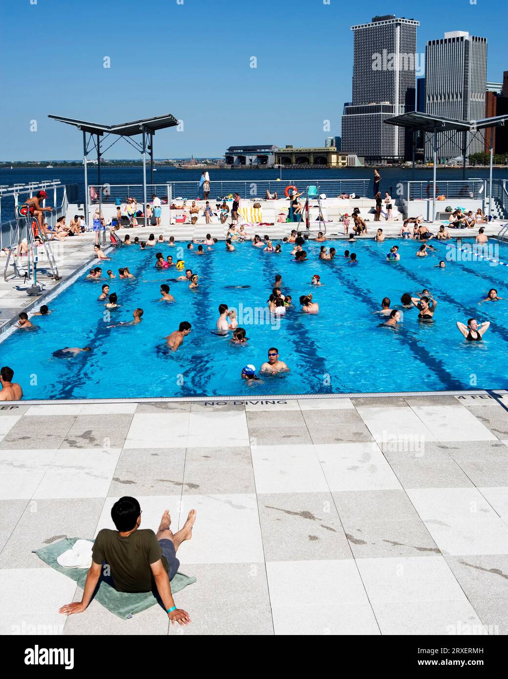 The Floating Pool at Brooklyn Bridge Park Beach, Brooklyn, NY Stock
