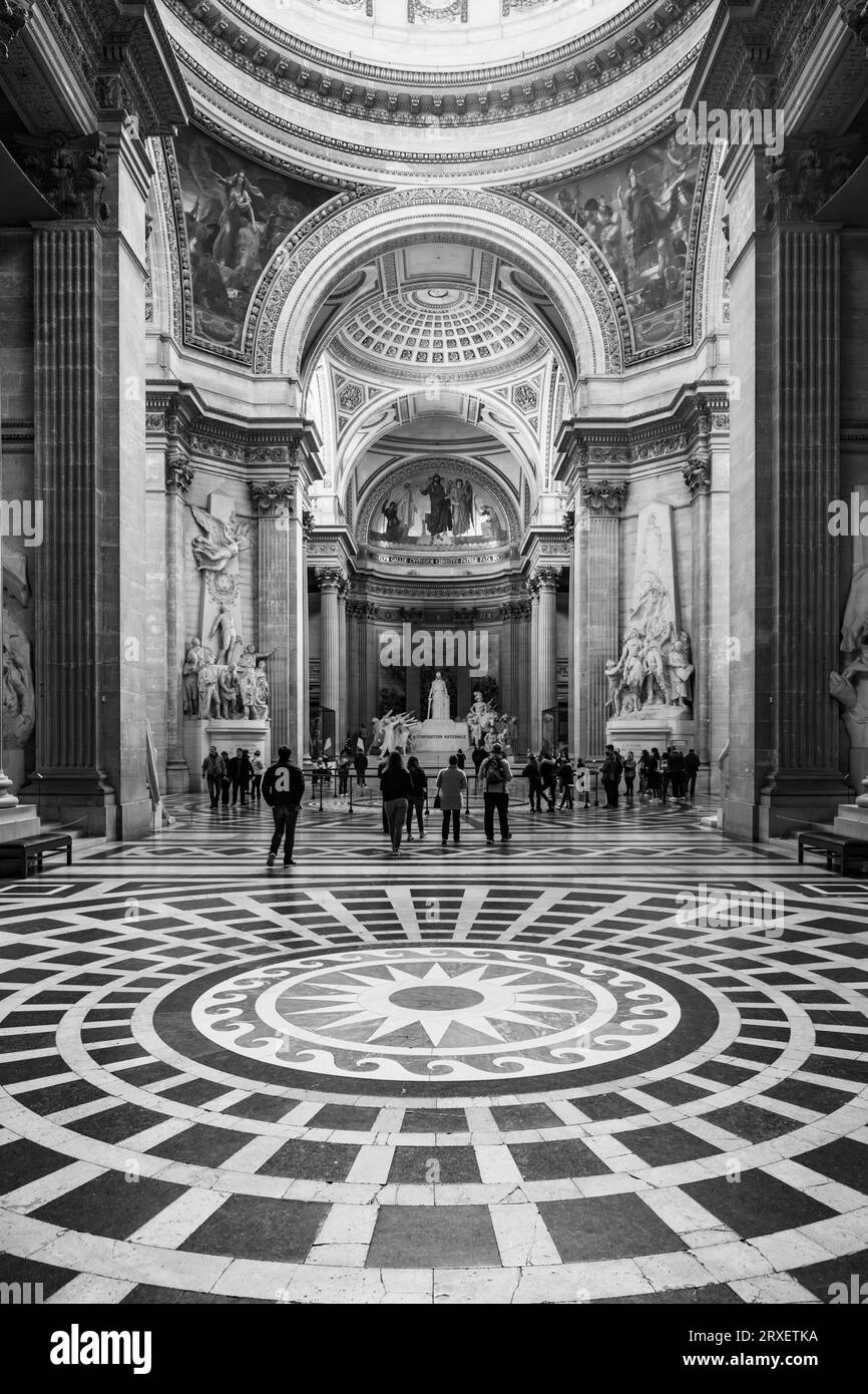 Interior with ornamental mosaic floor of Pantheon in Paris, France. Black and white photography. Stock Photo