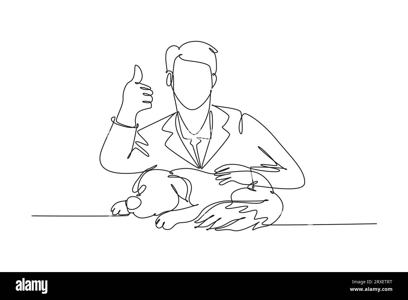 Single one line drawing young happy veterinarian doctor pose thumbs up gesture after treating sick dog at clinic. Pet healthcare concept. Modern conti Stock Photo