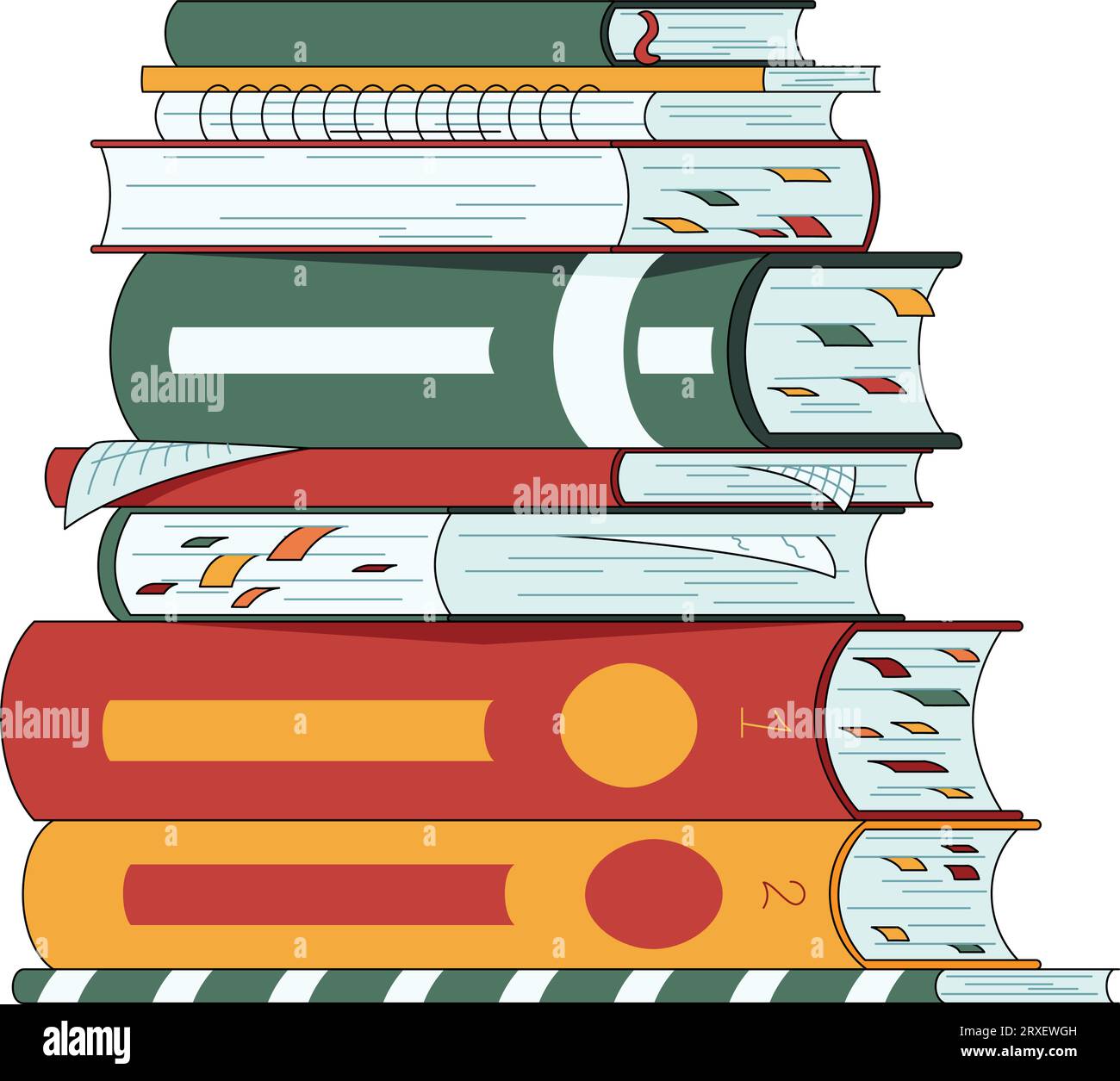 https://c8.alamy.com/comp/2RXEWGH/stack-of-books-textbooks-with-bookmarks-and-notebooks-reading-and-learning-sector-illustration-2RXEWGH.jpg