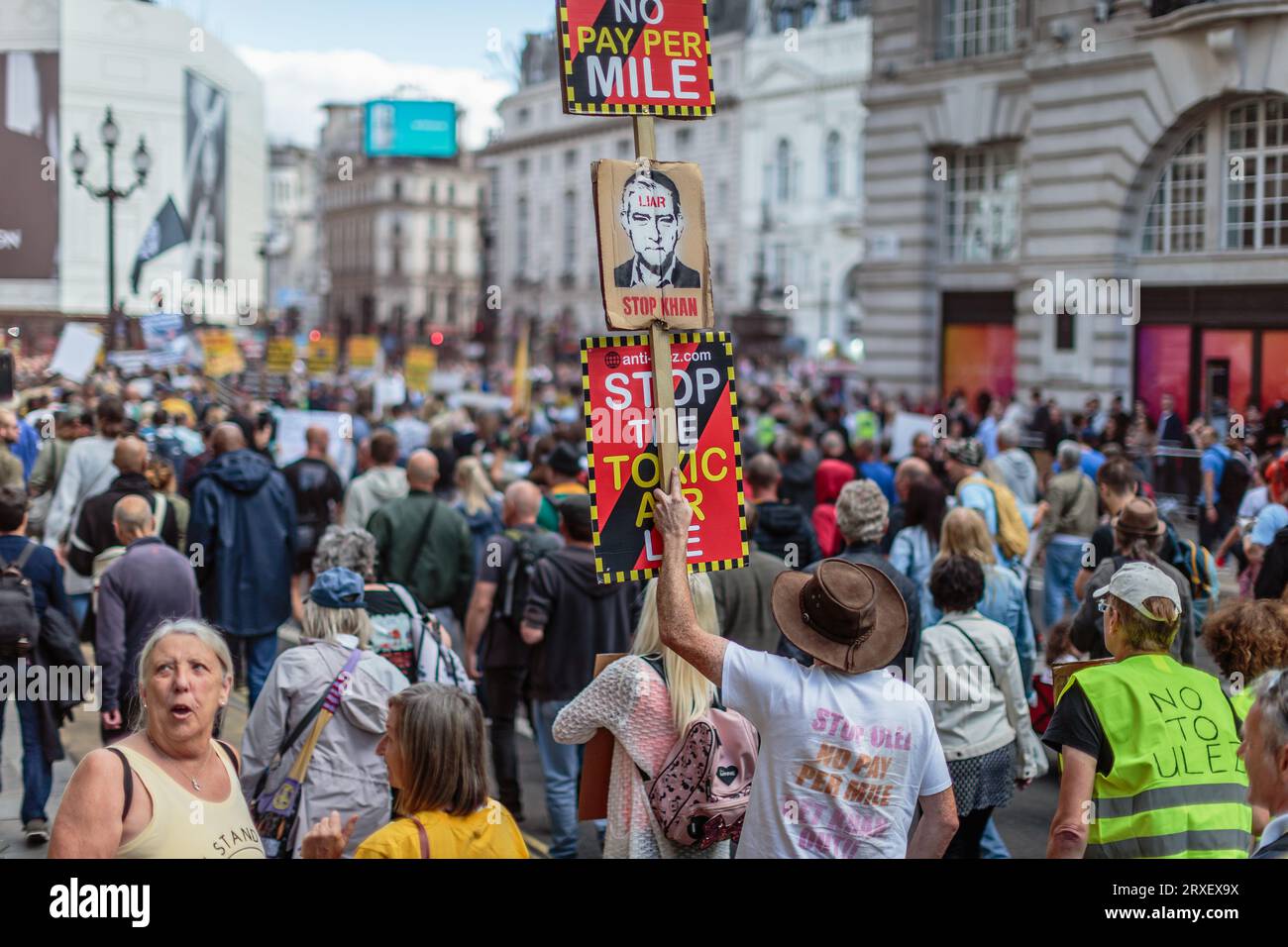 Crowds march through London protesting against ULEZ and its expansion. Stock Photo
