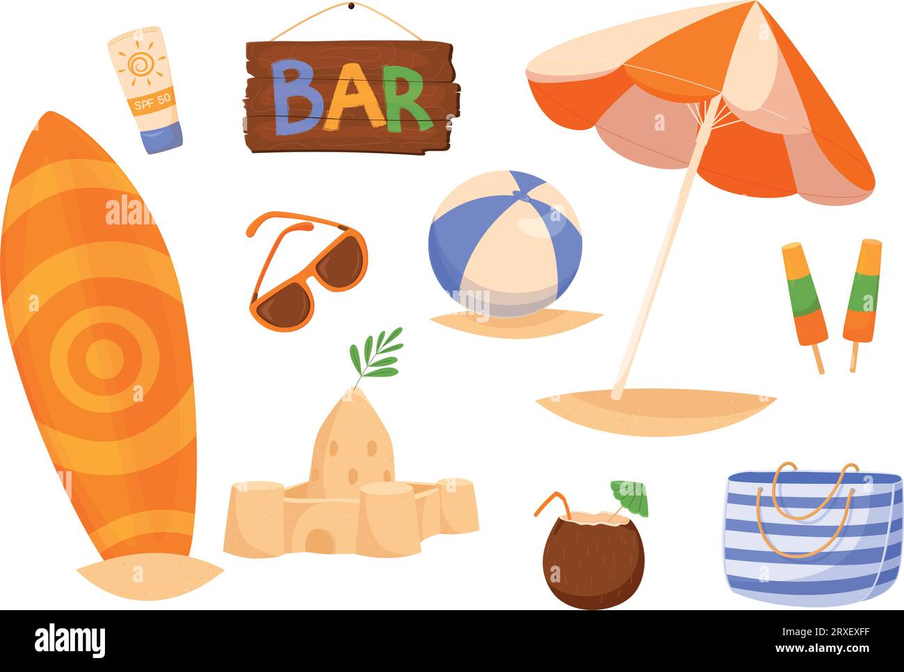 Set of summer element, beach accessories for sea holidays Stock Vector