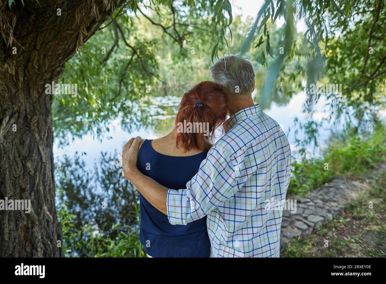 the back of a gray-haired man hugging a woman in a park by the lake Stock Photo