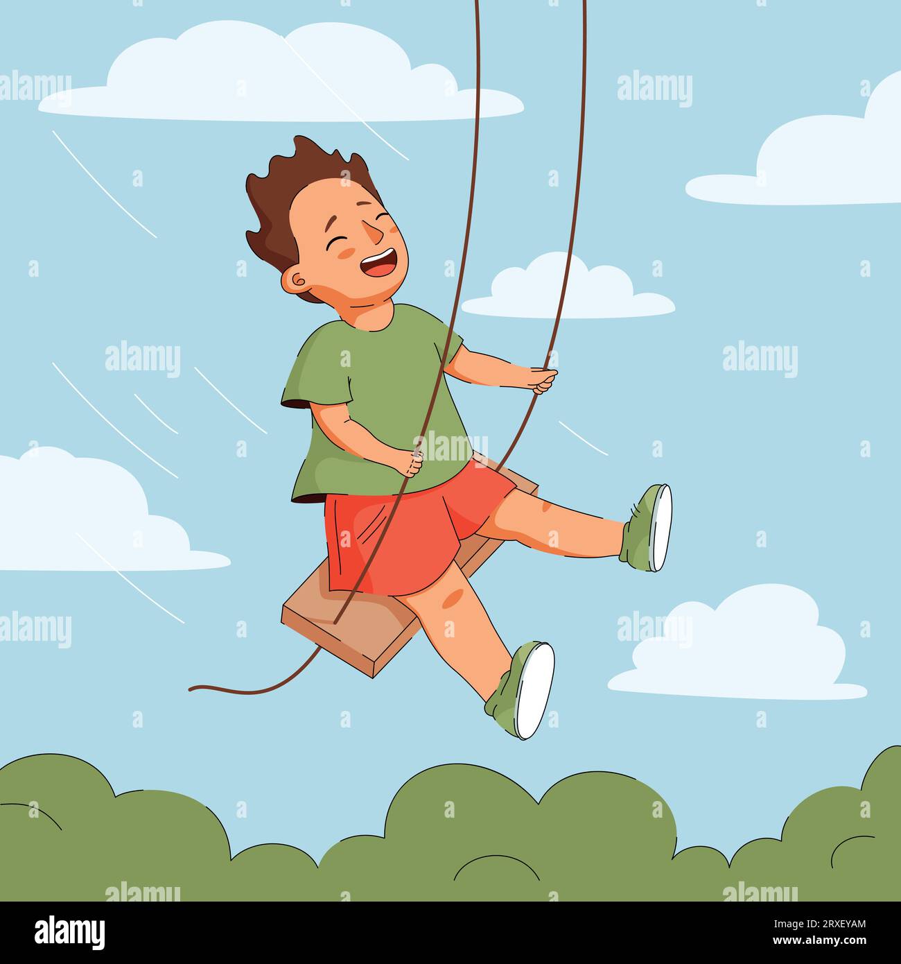the boy swings and laughs kid play, cartoon vector Stock Vector