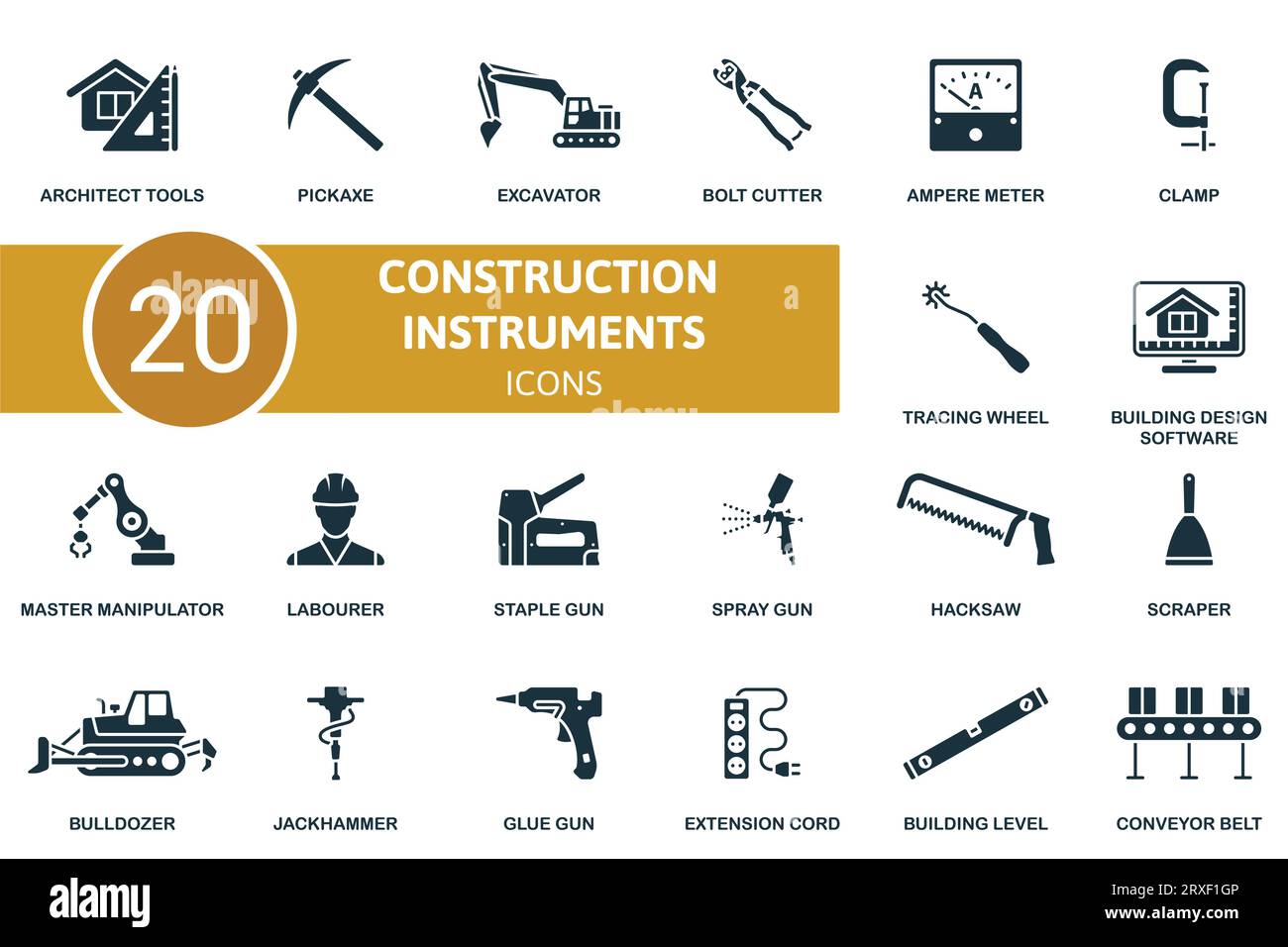 Construction instruments set. Creative icons architect tools, pickaxe, excavator, bolt cutter, ampere meter, clamp, tracing wheel, building design Stock Vector