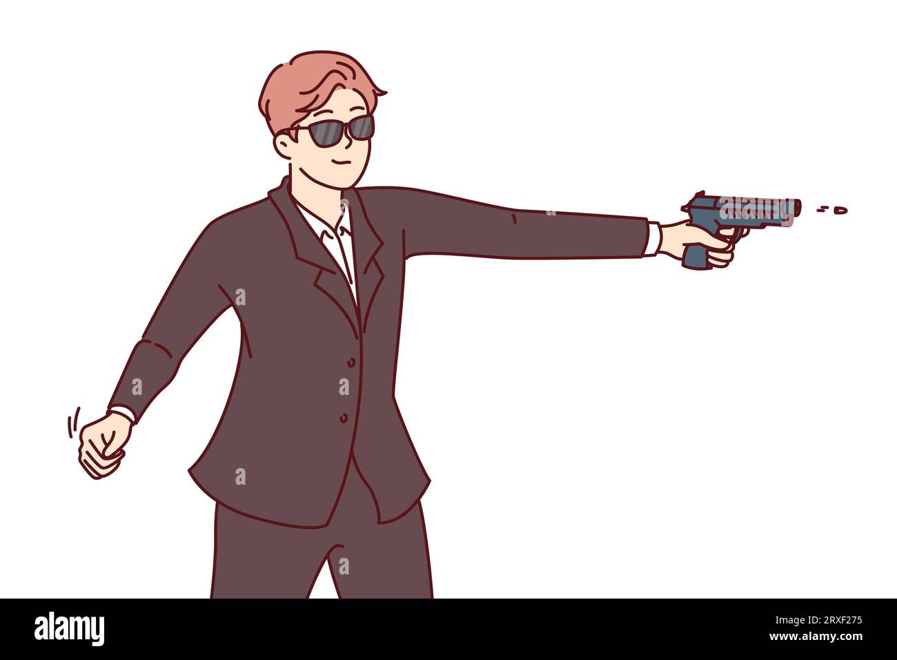 Man secret agent shoots gun, dressed in formal suit and sunglasses for covert operations. Secret agent guy works for special services or CIA, performing especially dangerous tasks national importance Stock Vector