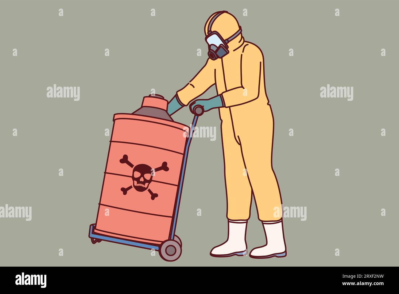 Dangerous toxic substances in barrel near specialist in chemical protection suit and respirator
