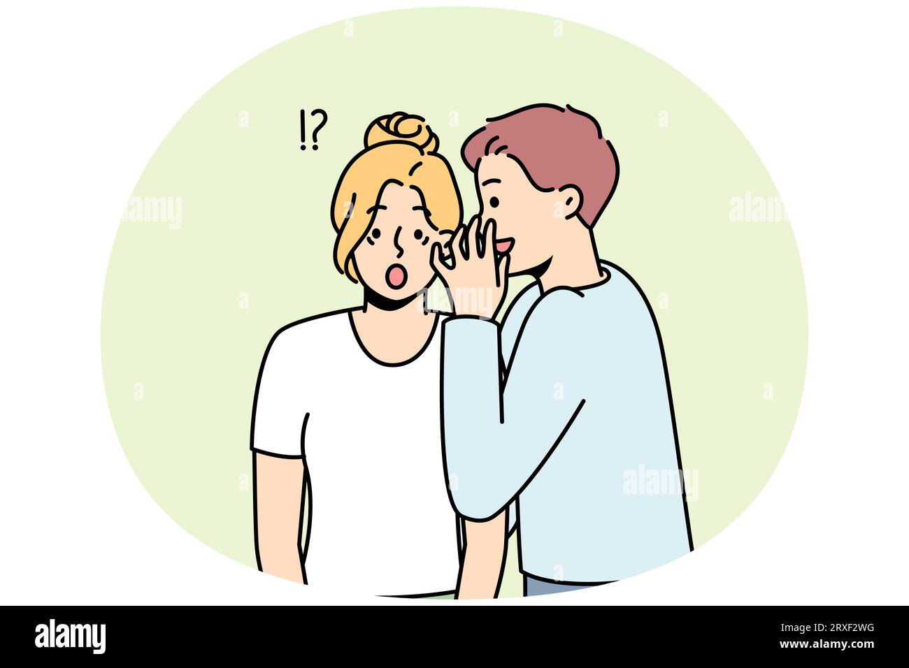Young man whisper secret to stunned woman ear. Male tell secret hidden information to astonished female. Secrecy and gossip. Vector illustration. Stock Vector