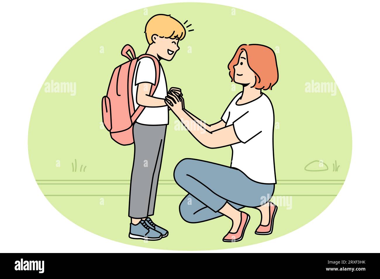 Smiling mother seeing small teen son with backpack to school. Happy caring mom get off excited boy child to kindergarten. Vector illustration. Stock Vector