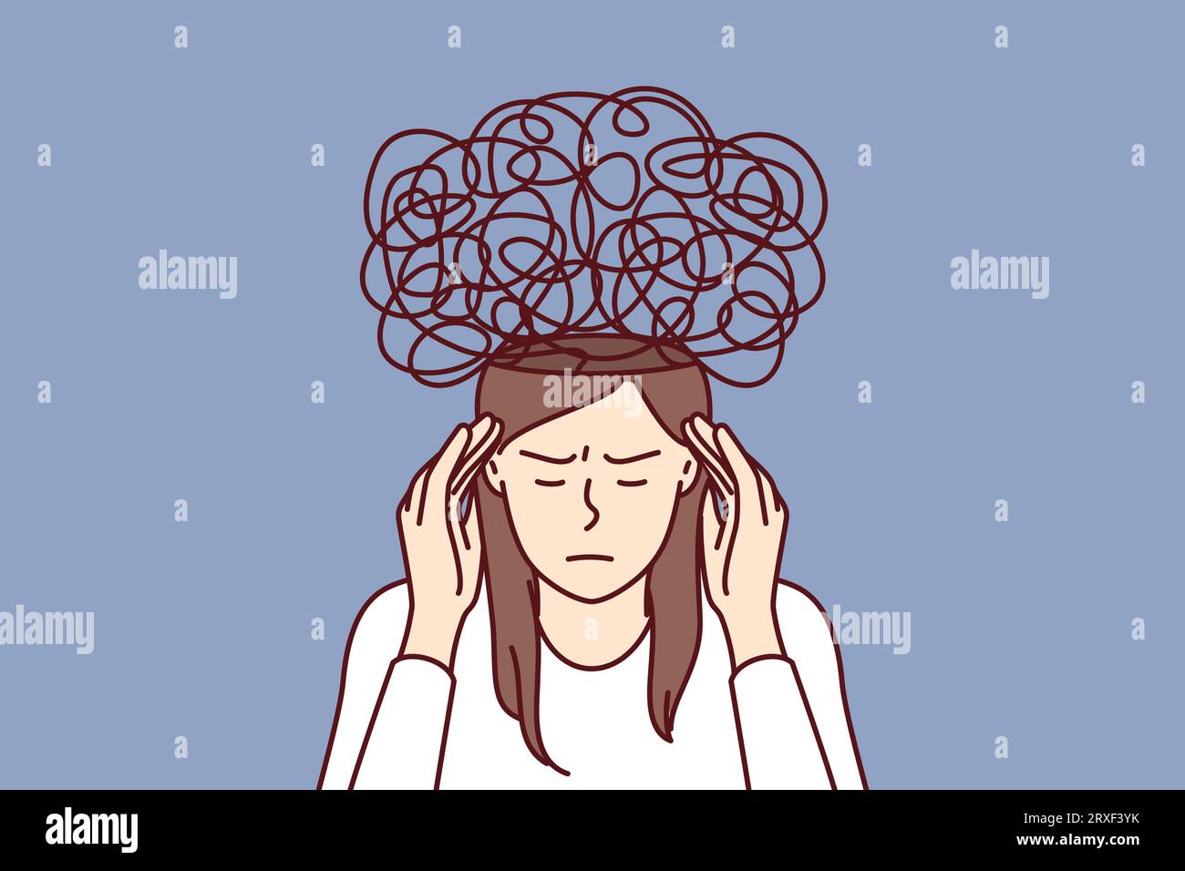 Thoughtful woman with chaos in mind, massages temples and tries to solve mental problems caused by excess stress. Girl with mental difficulties closes eyes making brainstorming for difficult decision. Stock Vector
