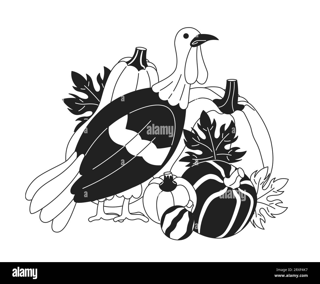 Autumn turkey pumpkins black and white cartoon flat illustration Stock ...