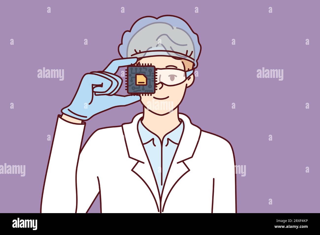 Man computer engineer holding microchip calling for investment in development of semiconductors and processors. Guy in white coat works in laboratory studying semiconductors and printed circuit boards Stock Vector