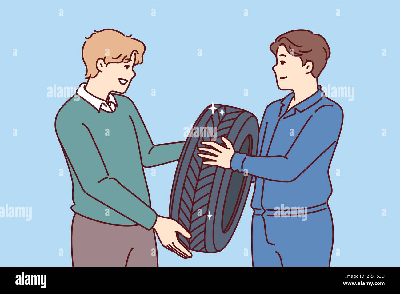 Man buys new tires for car wheel and consults mechanic, who help make