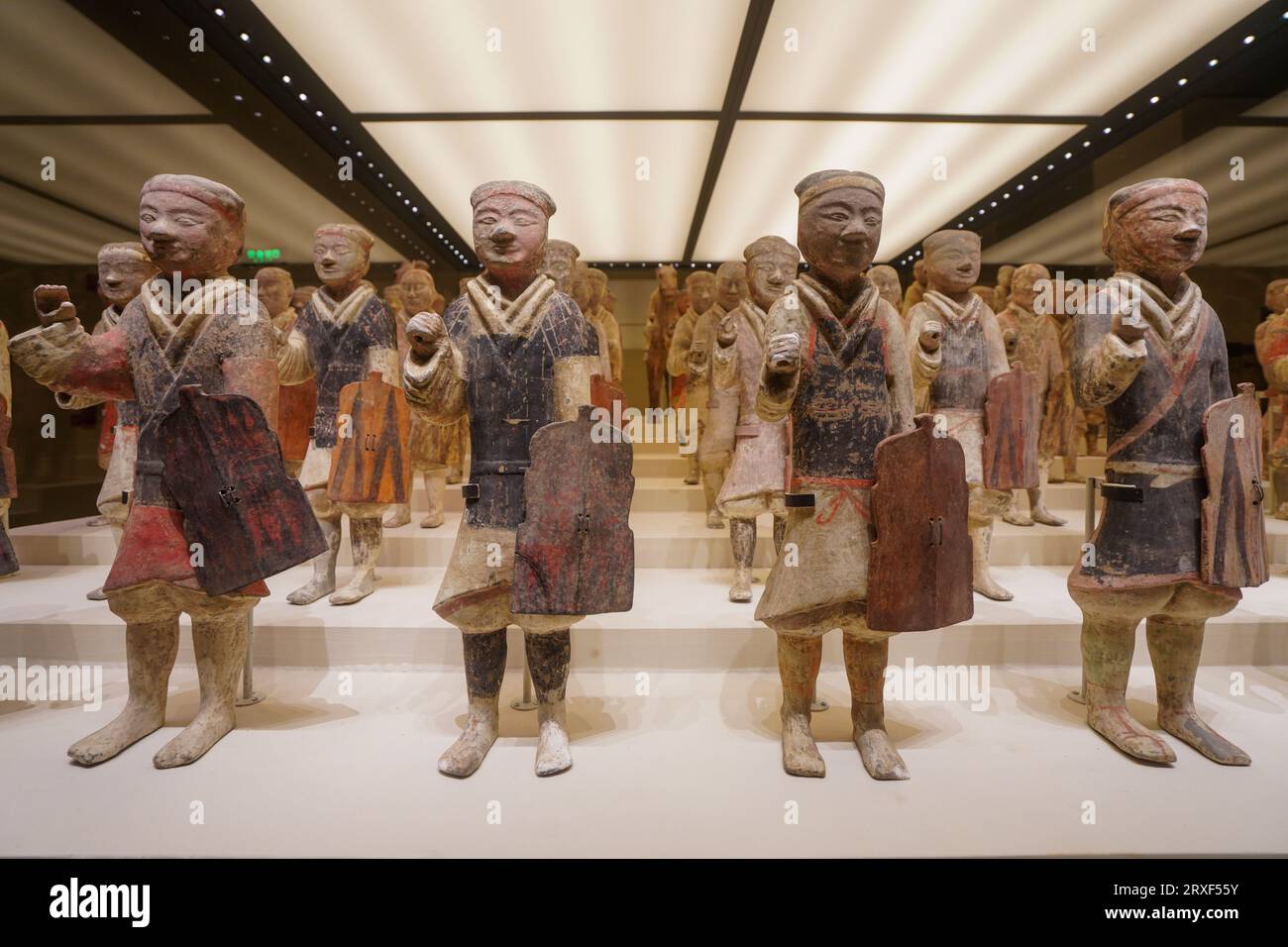 Beijing China, February 17, 2023: Western Han Dynasty painted pottery Terra Cotta Warriors in the National Museum of China. Stock Photo
