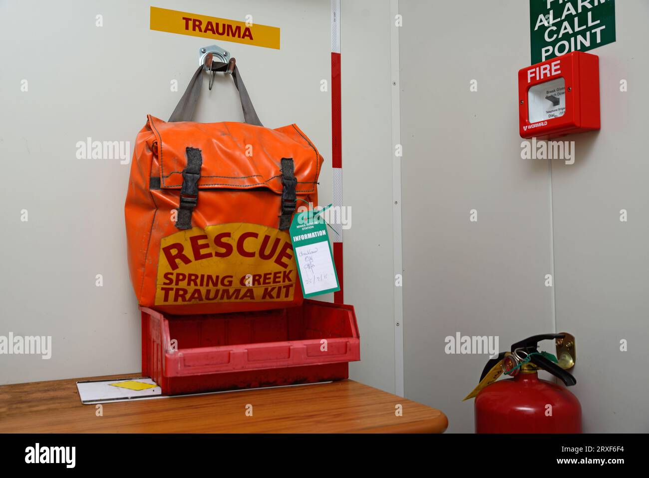 GREYMOUTH, NEW ZEALAND, MAY 20, 2015: A trauma kit packed and ready to go at a working coal mine near Greymouth, New Zealand Stock Photo