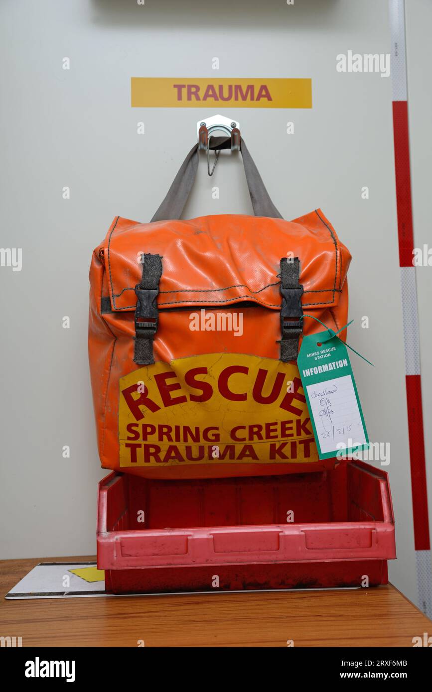 GREYMOUTH, NEW ZEALAND, MAY 20, 2015: A trauma kit packed and ready to go at a working coal mine near Greymouth, New Zealand Stock Photo