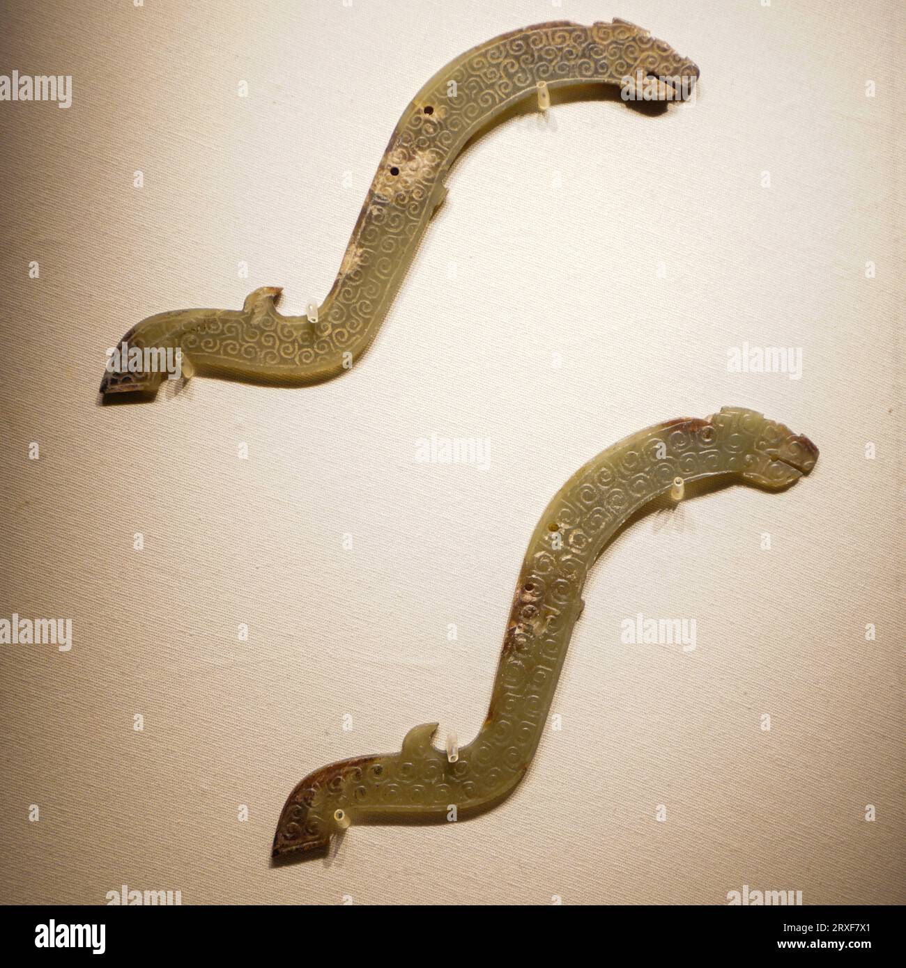 Beijing China, February 18, 2023: Dragon shaped jade decoration in the National Museum of China. Stock Photo