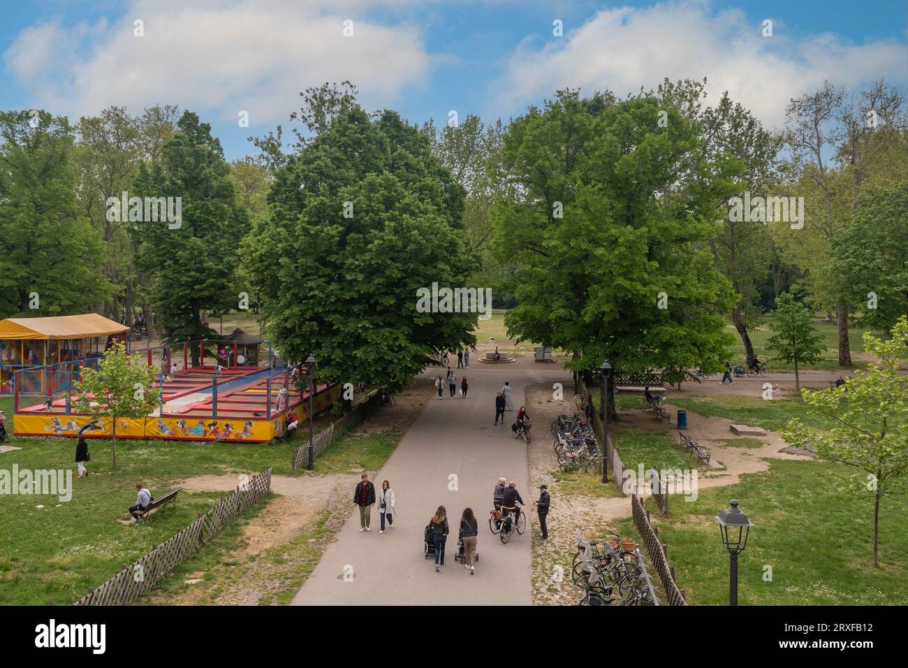 Elevated view of the public park of the Citadel (16th century), a military fortress in the shape of a pentagon with ramparts and moat, Parma, Italy Stock Photo