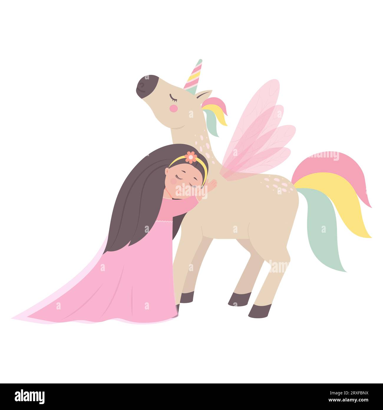 The princess hugs the unicorn cute childrens fairy tale characters. Flat cartoon vector illustration Stock Vector