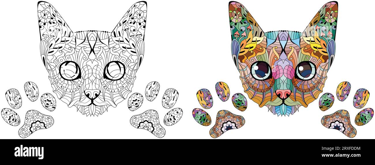 Head of cat with paw zentangle styled for coloring, for t-shirt design, tattoo and other decorations. Black and white and color images Stock Vector