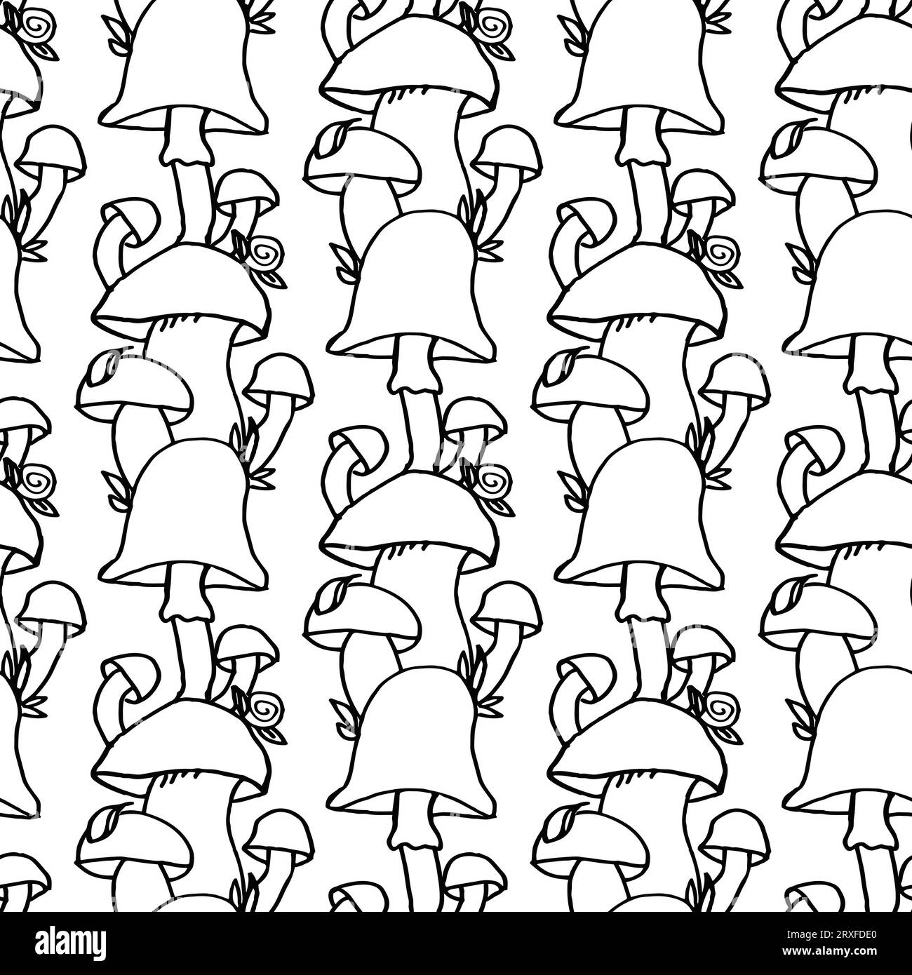 Mushroom autumn seamless pattern with black and white mushrooms for textile design or wallpaper, scrapbook. Vector background with hand drawn element Stock Vector