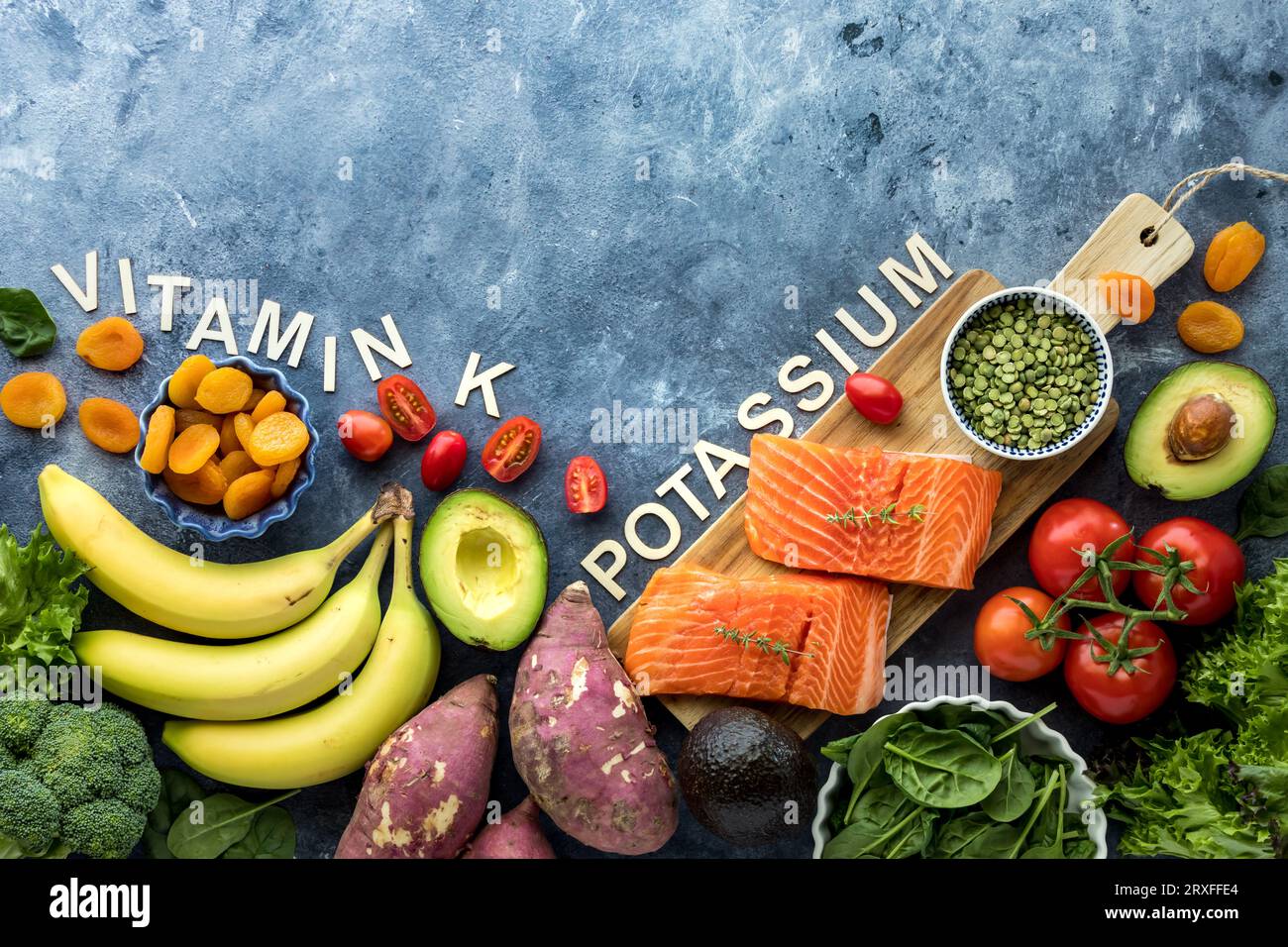 Foods high in the essential mineral potassium with copy space above