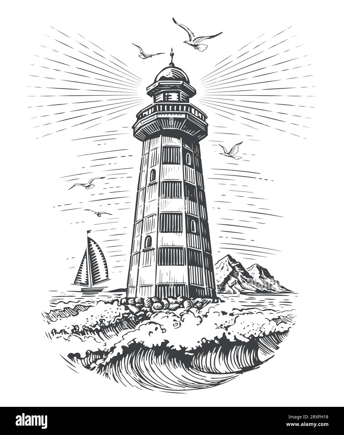 Vintage old lighthouse and sea waves. Seascape engraving style vector illustration of beacon Stock Vector