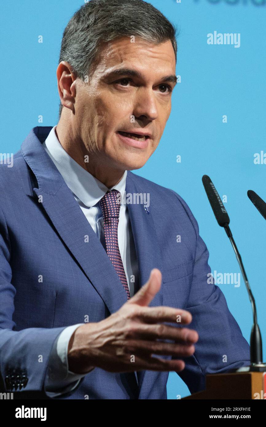 The  Prime Minister of Spain, Pedro Sanchez during the closing ceremony of the 'European Day of Languages', at the Cervantes Institute, on 25 Septembe Stock Photo