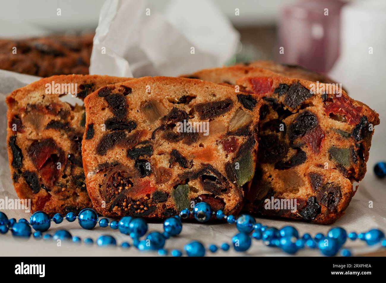 english dried fruitcake. Traditional Christmas cake with almonds, dried fruits, dates, candied