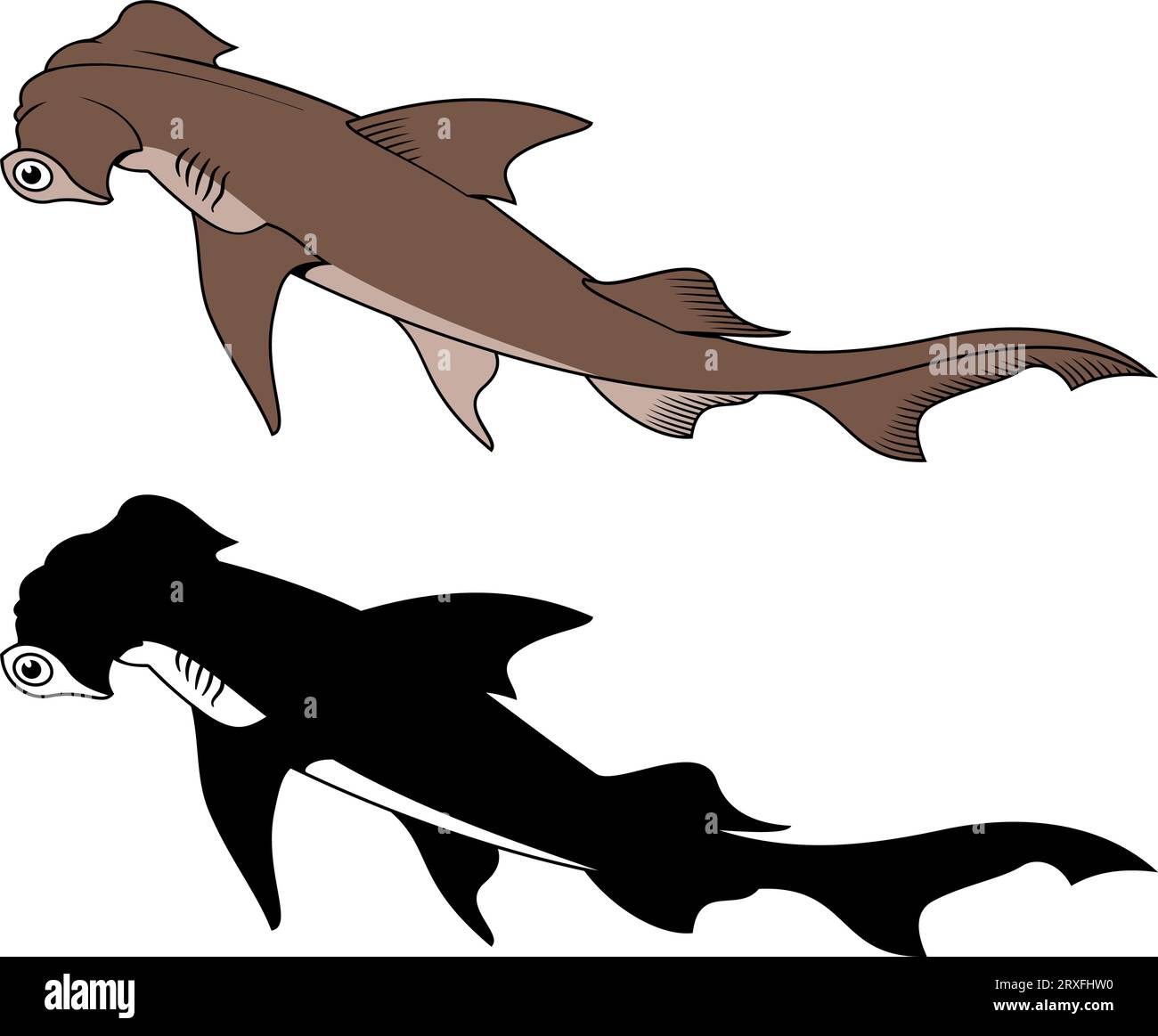 Hammerhead Shark. Vector clipart. Color version and black silhouette. Stock Vector