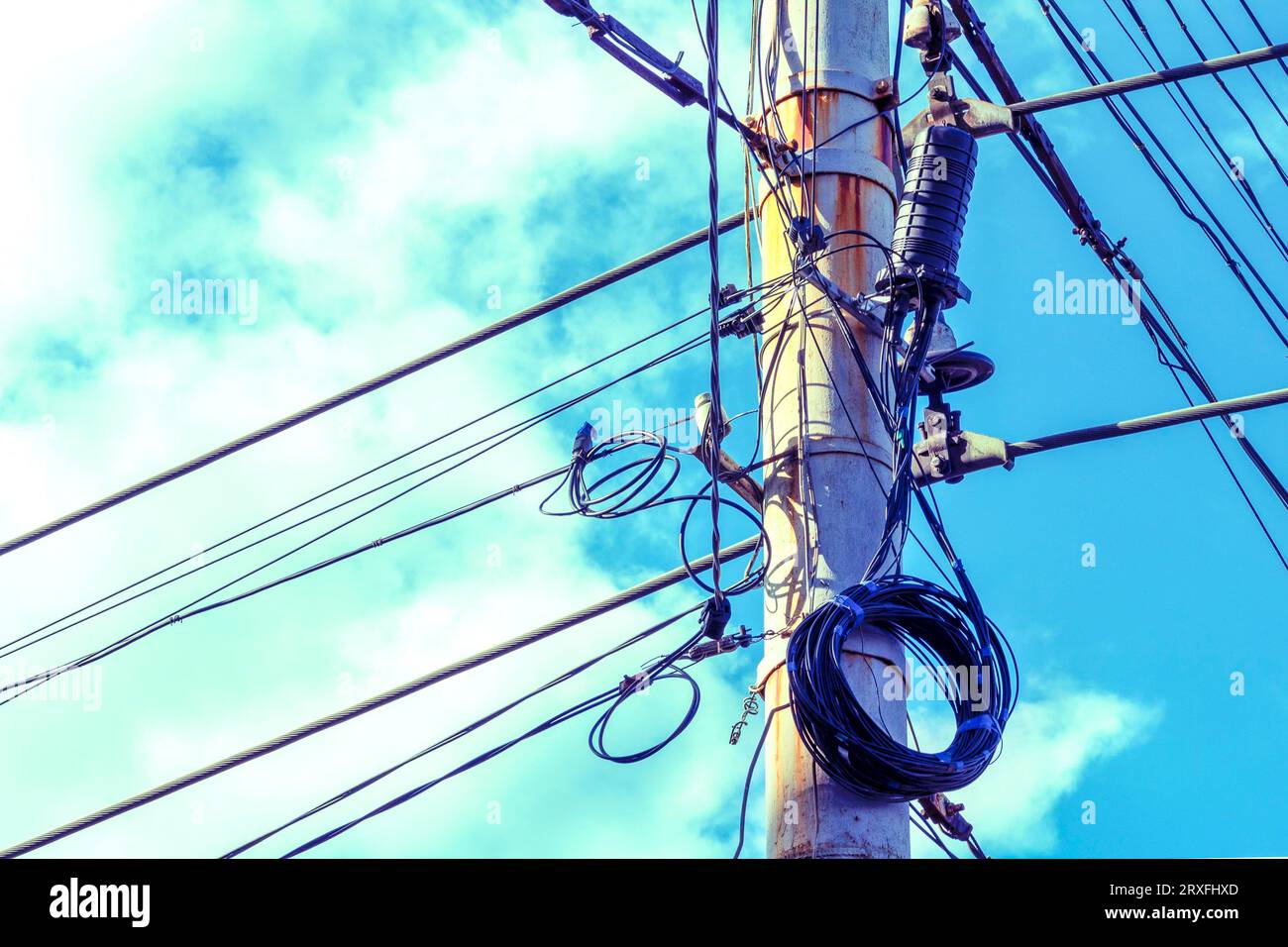 pole with wires. wires cables on Electric poles.A fiber optic cable