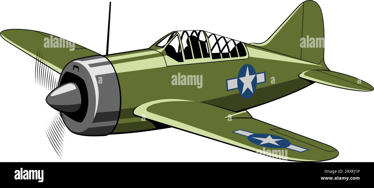Buffalo fighter plane 1939. WW II aircraft. Vintage airplane. Vector clipart isolated on white. Stock Vector