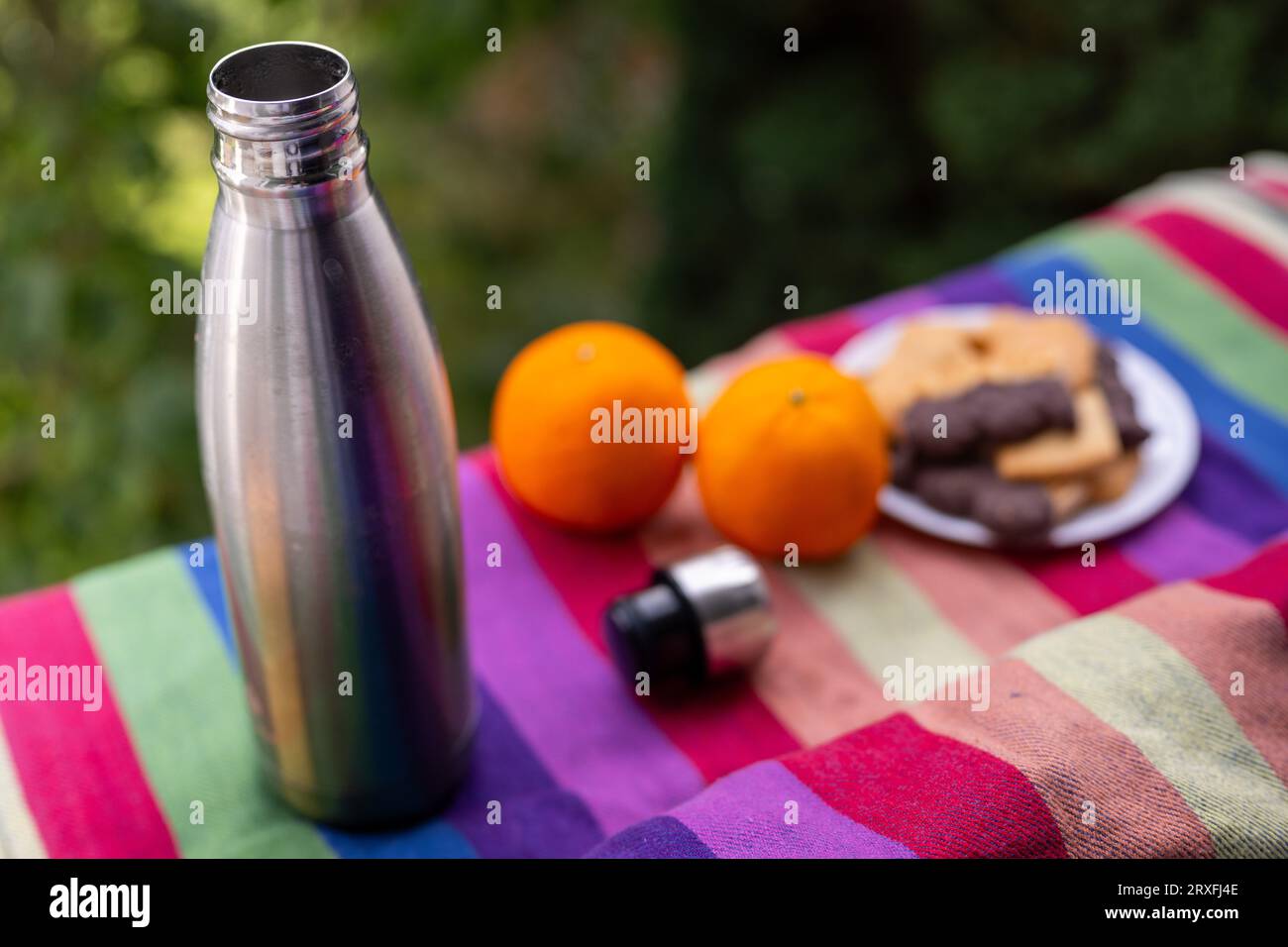 ILLUSTRATION - 17 September 2023, Berlin: An opened thermos flask stands on a picnic blanket next to oranges and cookies.(to dpa: 'The thermos flask and the somewhat hapless history of its inventor ') Photo: Monika Skolimowska/dpa Stock Photo