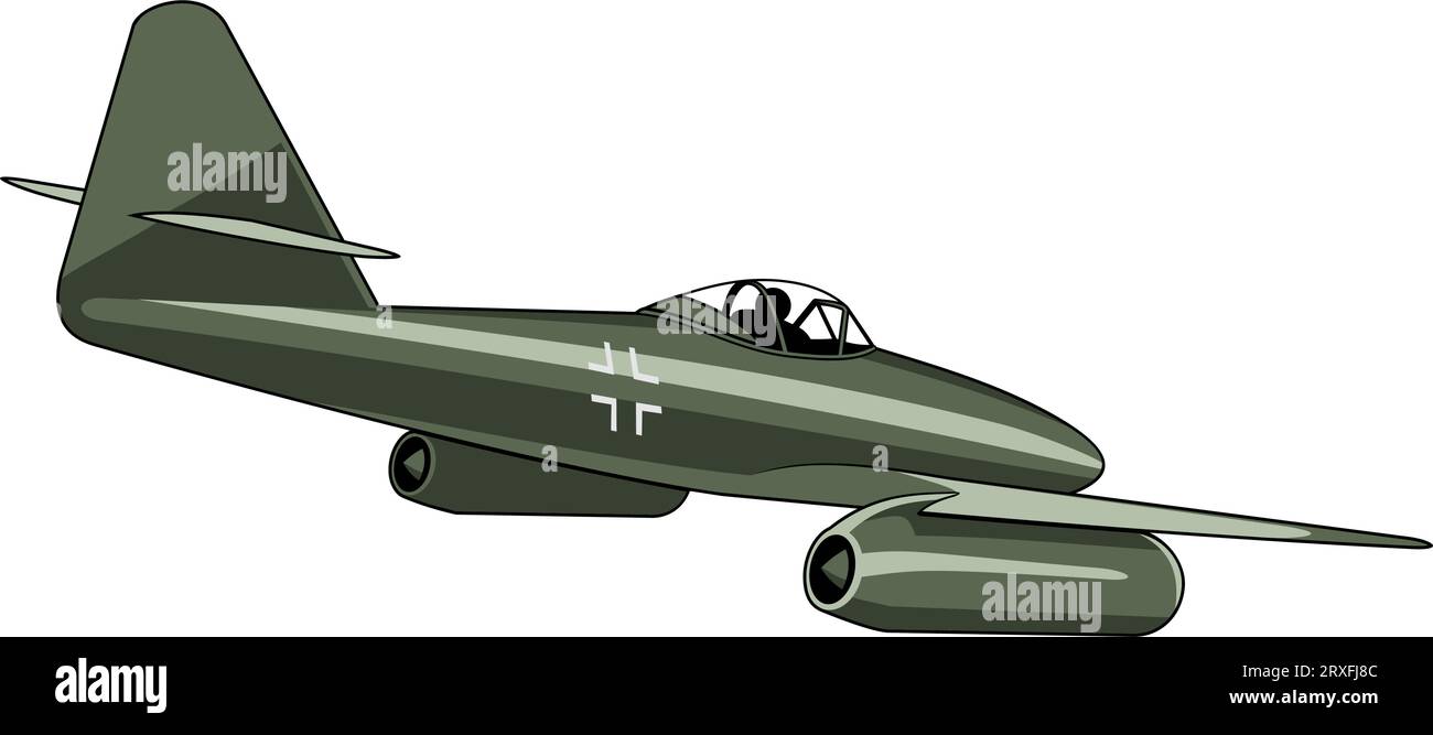Me-262 fighter jet plane 1944. WW II aircraft. Vintage airplane. Vector clipart isolated on white. Stock Vector