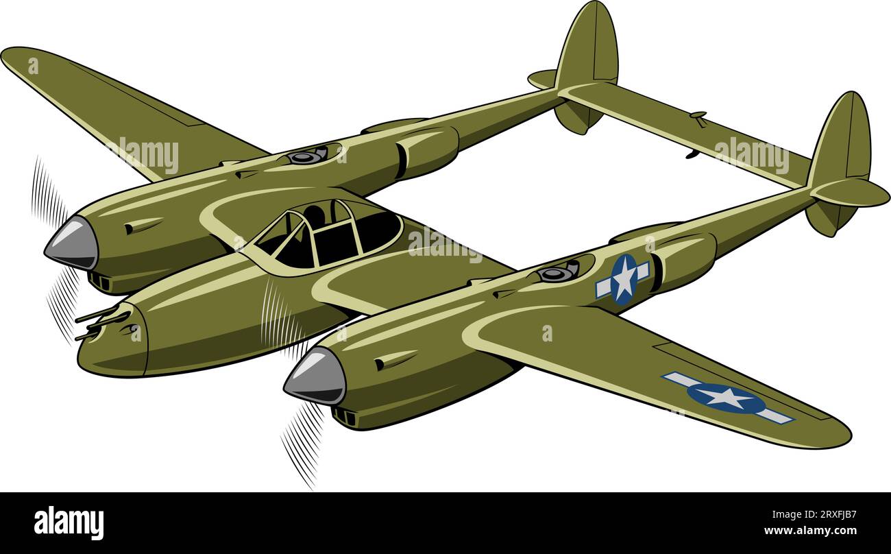 Lightning fighter plane 1941. WW II aircraft. Vintage airplane. Vector clipart isolated on white. Stock Vector