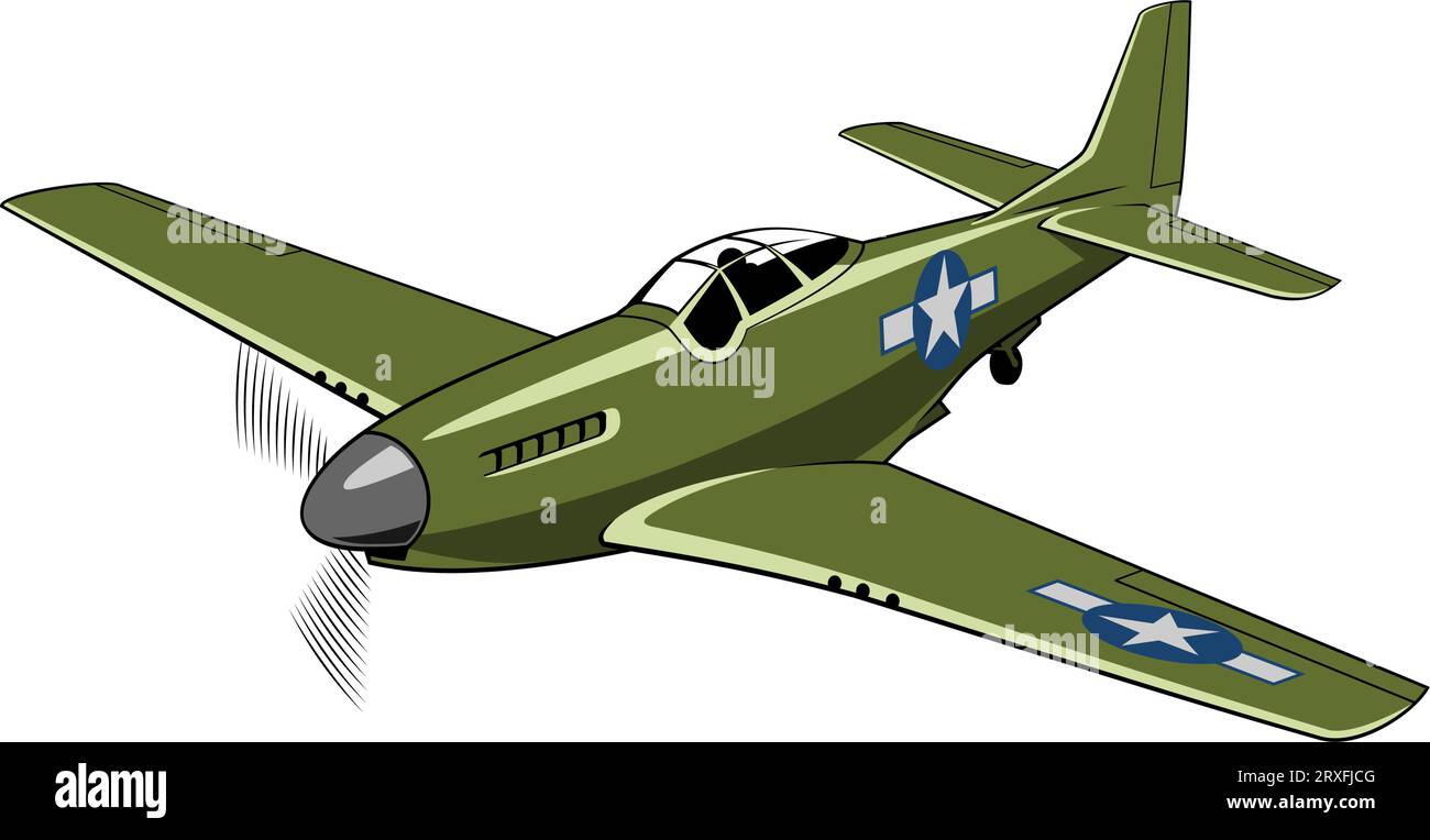 Mustang fighter plane 1940. WW II aircraft. Vintage airplane. Vector clipart isolated on white. Stock Vector