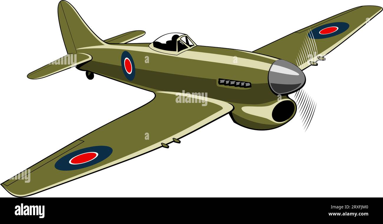 Fighter plane Tempest 1943. WW II aircraft. Vintage airplane. Vector clipart isolated on white. Stock Vector