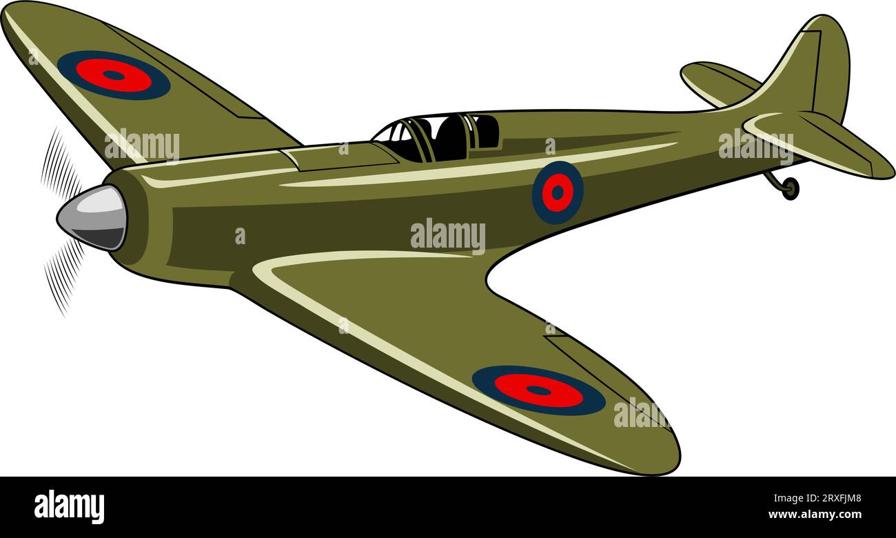 Supermarine Spitfire fighter plane 1936. WW II aircraft. Vintage airplane. Vector clipart isolated on white. Stock Vector