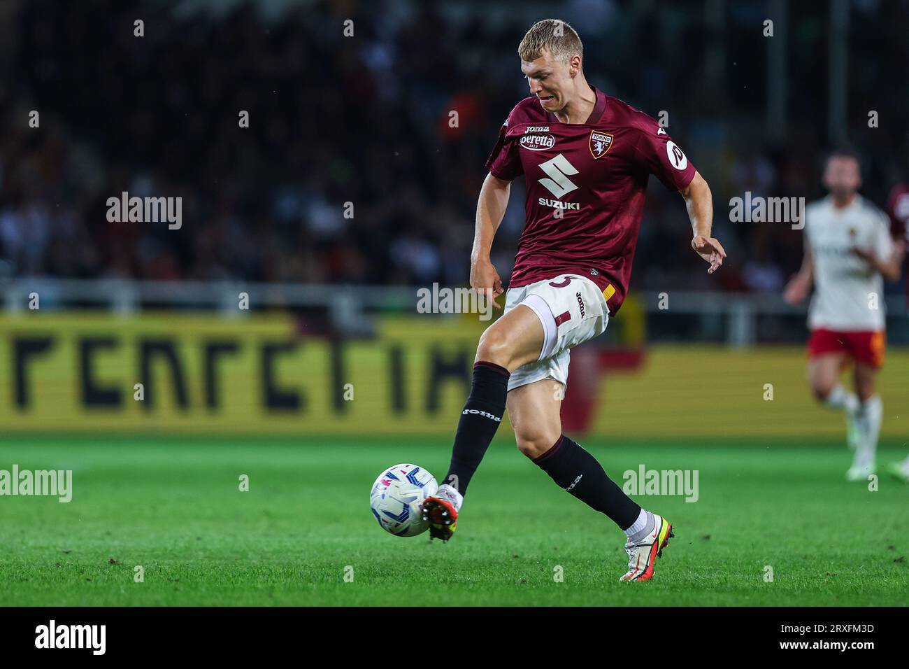 Perr Schuurs of Torino FC seen in action during Serie A 2023/24 football  match between Torino FC and AS Roma at Stadio Olimpico Grande Torino.  (Final scores; Torino 1