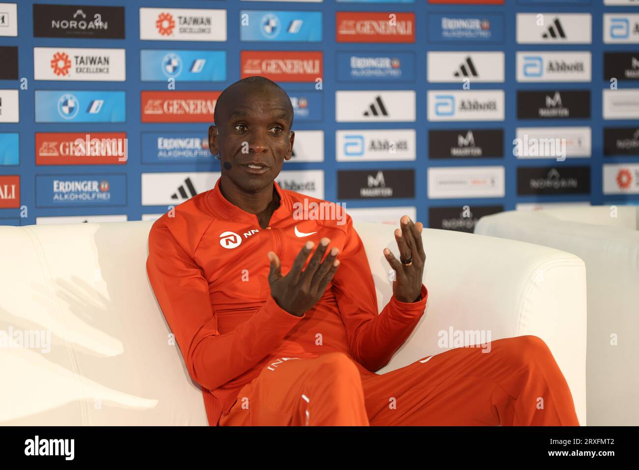September 24, 2023, Berlin, Berlin-Tiergarten, Germany: Eliud Kipchoge from Kenya wins the 49th Berlin Marathon in 2:02:42 hours. Second place went to the Vincent Kipkemoi from Kenya with 2:03:13 hours and third place was won by Tadese Takele from Ethiopia with 02:03:24 hours. Tigst Assefa from Ethiopia wins the 49th Berlin Marathon women in 2:11:53 hours. Second place went to the Sheila Chepkirui from Kenya with 2:17:49 hours and third place was won by Magdalena Shauri from Tanzania with 02:18:43 hours. Fourth fastest European in history, fastest German ever: At the Berlin Marathon, Amanal Pe Stock Photo