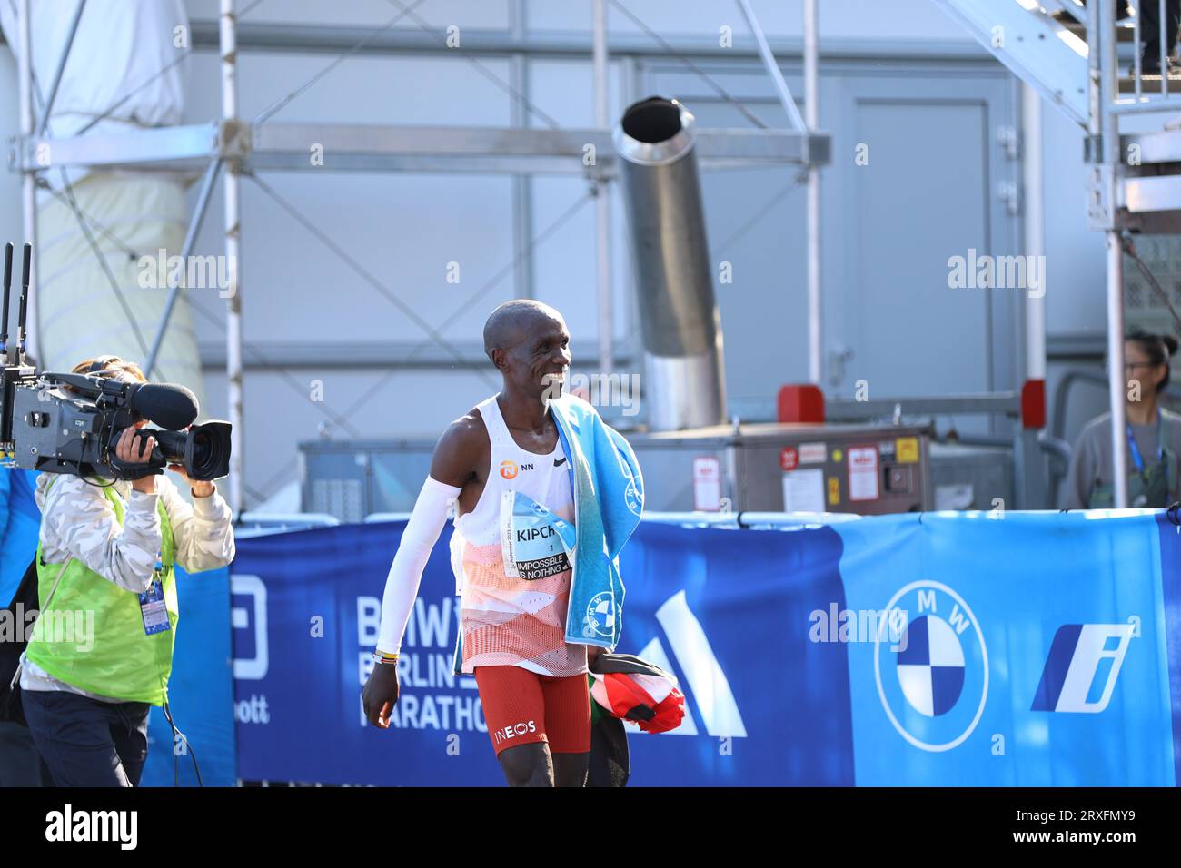 September 24, 2023, Berlin, Berlin-Tiergarten, Germany: Eliud Kipchoge from Kenya wins the 49th Berlin Marathon in 2:02:42 hours. Second place went to the Vincent Kipkemoi from Kenya with 2:03:13 hours and third place was won by Tadese Takele from Ethiopia with 02:03:24 hours. Tigst Assefa from Ethiopia wins the 49th Berlin Marathon women in 2:11:53 hours. Second place went to the Sheila Chepkirui from Kenya with 2:17:49 hours and third place was won by Magdalena Shauri from Tanzania with 02:18:43 hours. Fourth fastest European in history, fastest German ever: At the Berlin Marathon, Amanal Pe Stock Photo