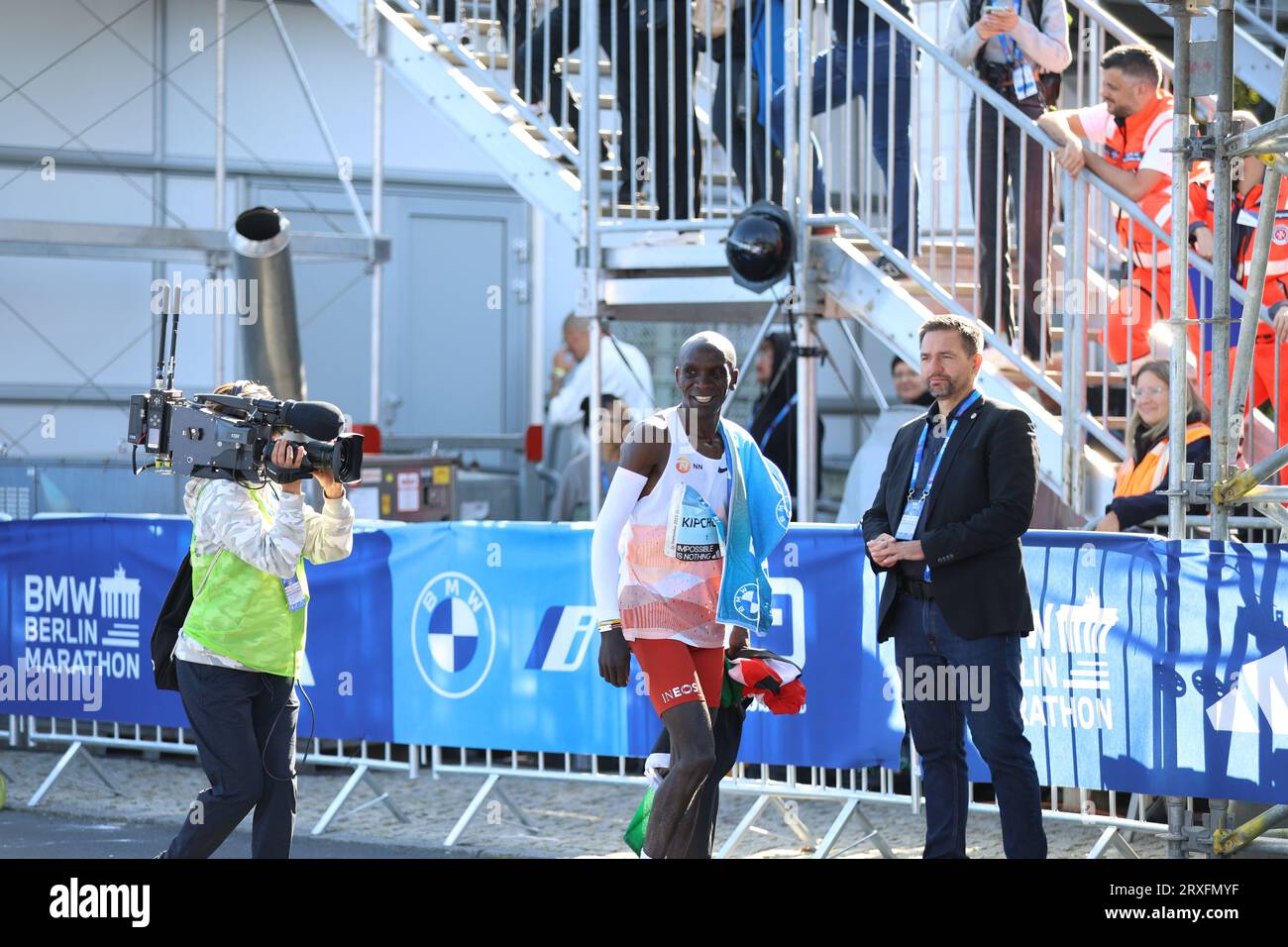 September 24, 2023, Berlin, Berlin-Tiergarten, Germany: Eliud Kipchoge from Kenya wins the 49th Berlin Marathon in 2:02:42 hours. Second place went to the Vincent Kipkemoi from Kenya with 2:03:13 hours and third place was won by Tadese Takele from Ethiopia with 02:03:24 hours. Tigst Assefa from Ethiopia wins the 49th Berlin Marathon women in 2:11:53 hours. Second place went to the Sheila Chepkirui from Kenya with 2:17:49 hours and third place was won by Magdalena Shauri from Tanzania with 02:18:43 hours. Fourth fastest European in history, fastest German ever: At the Berlin Marathon, Amanal Pe Stock Photo