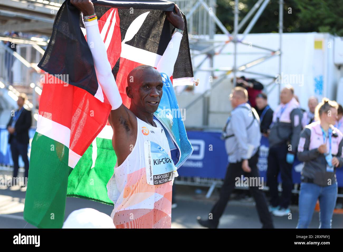 September 24, 2023, Berlin, Berlin-Tiergarten, Germany: Eliud Kipchoge from Kenya wins the 49th Berlin Marathon in 2:02:42 hours. Second place went to the Vincent Kipkemoi from Kenya with 2:03:13 hours and third place was won by Tadese Takele from Ethiopia with 02:03:24 hours. Tigst Assefa from Ethiopia wins the 49th Berlin Marathon women in 2:11:53 hours. Second place went to the Sheila Chepkirui from Kenya with 2:17:49 hours and third place was won by Magdalena Shauri from Tanzania with 02:18:43 hours. Fourth fastest European in history, fastest German ever: At the Berlin Marathon, Amanal Pe Stock Photo