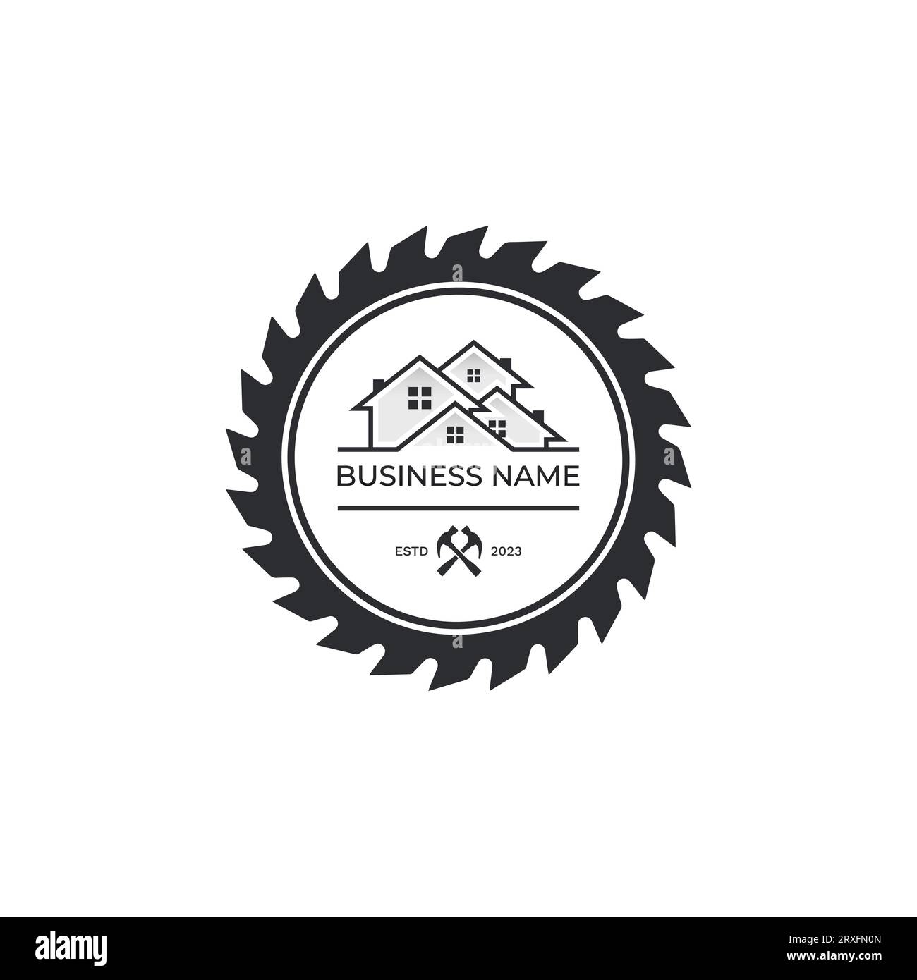 Home house builders repair remodeling logo design vector image. Circular Saw Disc for Cutting Wood and House Logo Design. Combined Vector Design. Cons Stock Vector