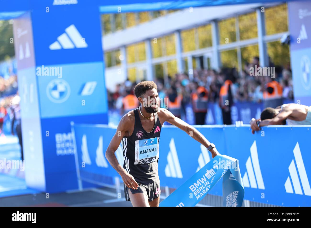 September 24, 2023, Berlin, Berlin-Tiergarten, Germany: Eliud Kipchoge from Kenya wins the 49th Berlin Marathon in 2:02:42 hours. Second place went to the Vincent Kipkemoi from Kenya with 2:03:13 hours and third place was won by Tadese Takele from Ethiopia with 02:03:24 hours. Tigst Assefa from Ethiopia wins the 49th Berlin Marathon women in 2:11:53 hours. Second place went to the Sheila Chepkirui from Kenya with 2:17:49 hours and third place was won by Magdalena Shauri from Tanzania with 02:18:43 hours. Fourth fastest European in history, fastest German ever: At the Berlin Marathon, Amanal Pe Stock Photo