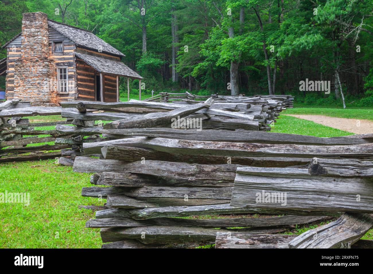 John Oliver Cabin historic site in Cades Cove village in the Great Smoky Mountain National Park in Tennessee. Stock Photo