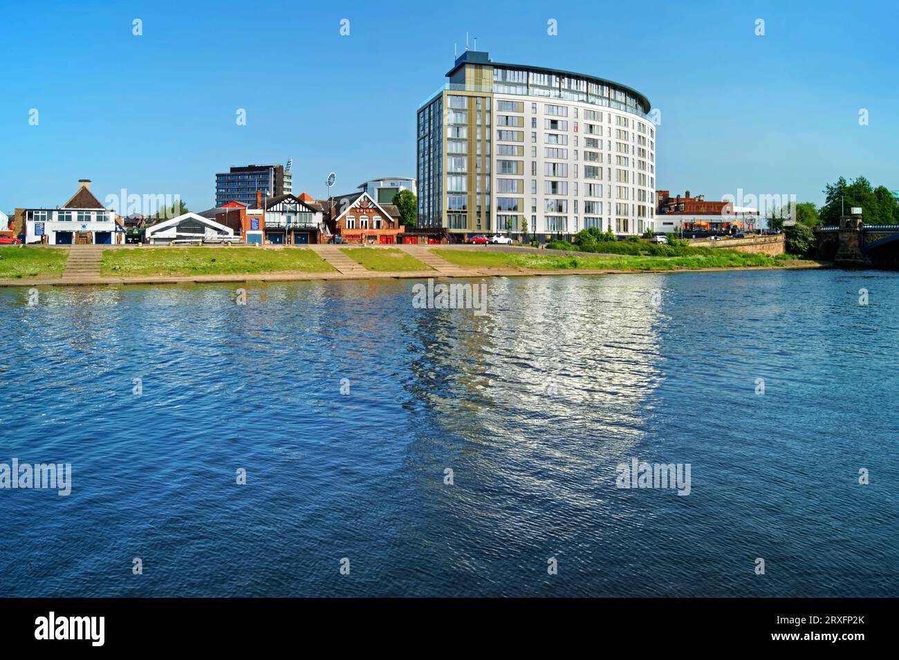UK, Nottingham, River Trent, Waterside Apartments and Trent Bridge
